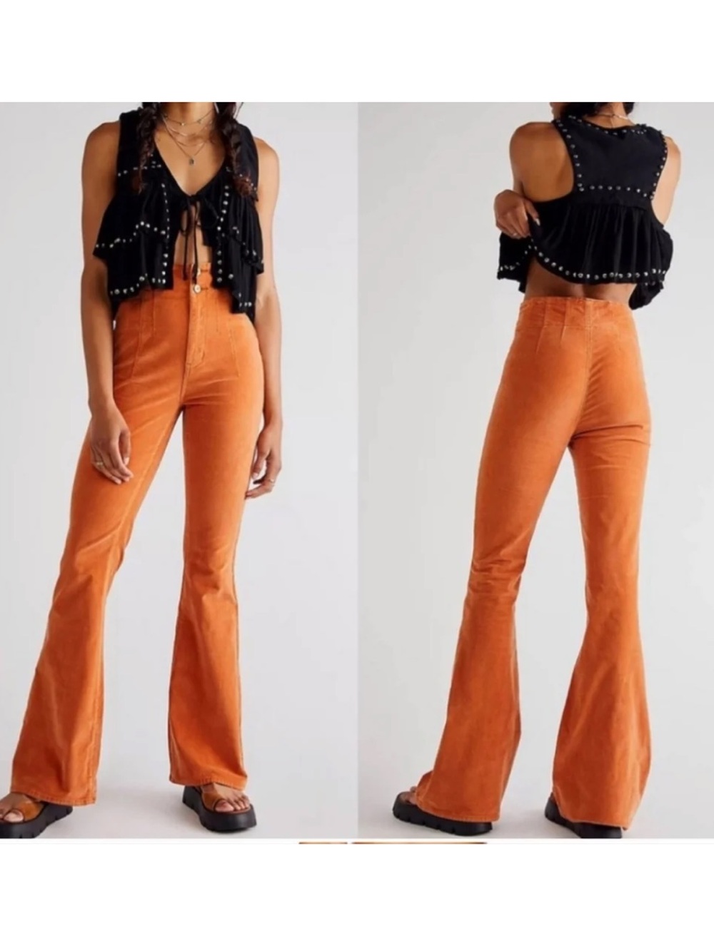 Free People Jade Cord High-Rise Flare Pants in Burnt Orange